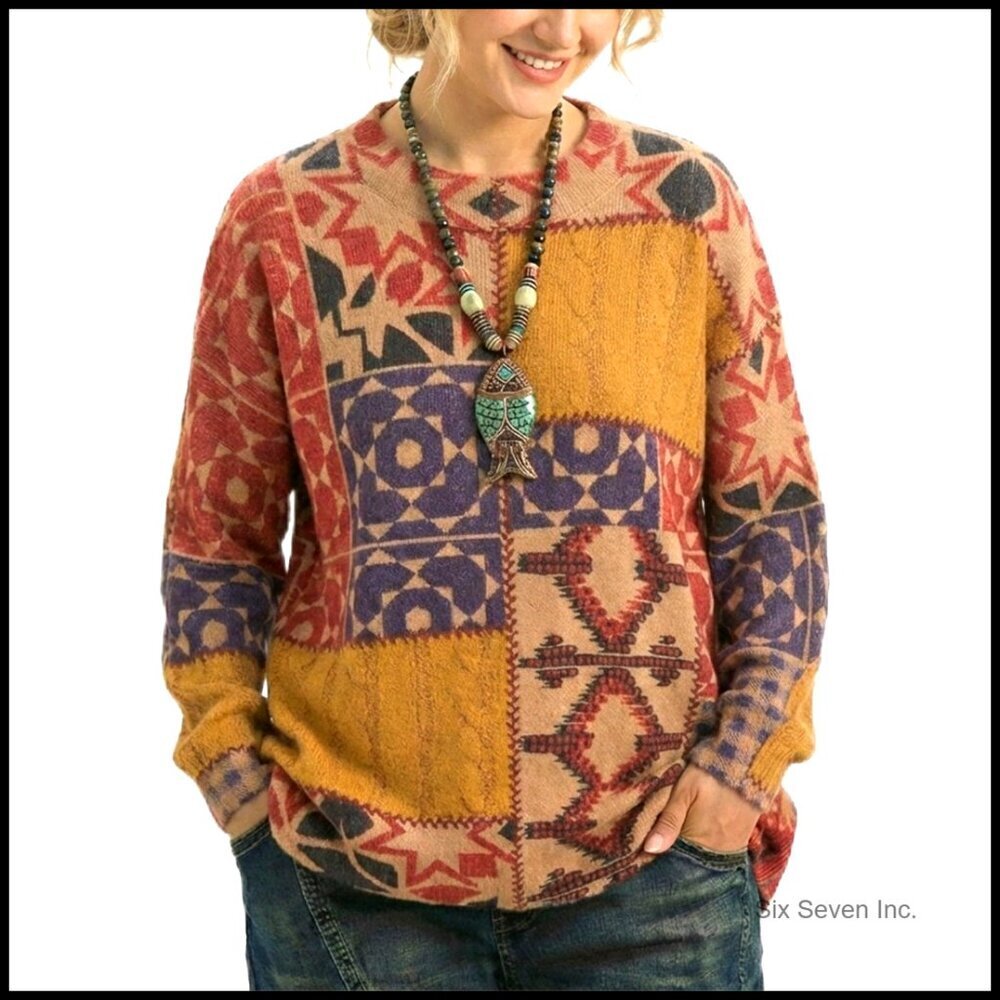 Oversized Boho Knit Pullover Sweater Drop Shoulder Loose Fit Graphic Print